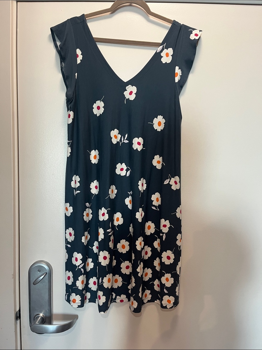 LOFT Black Floral V-Neck Dress with White Daisies and Yellow & Pink Centers